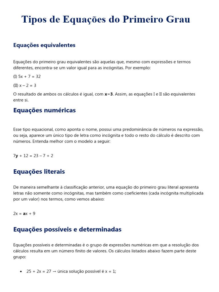 Tipos de Equações Do Primeiro Grau | PDF