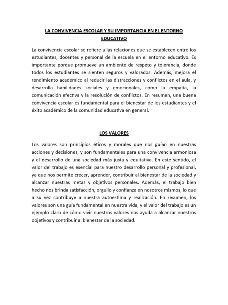 La Convivencia Escolar Y Su Importancia En El Entorno Educativo Pdf