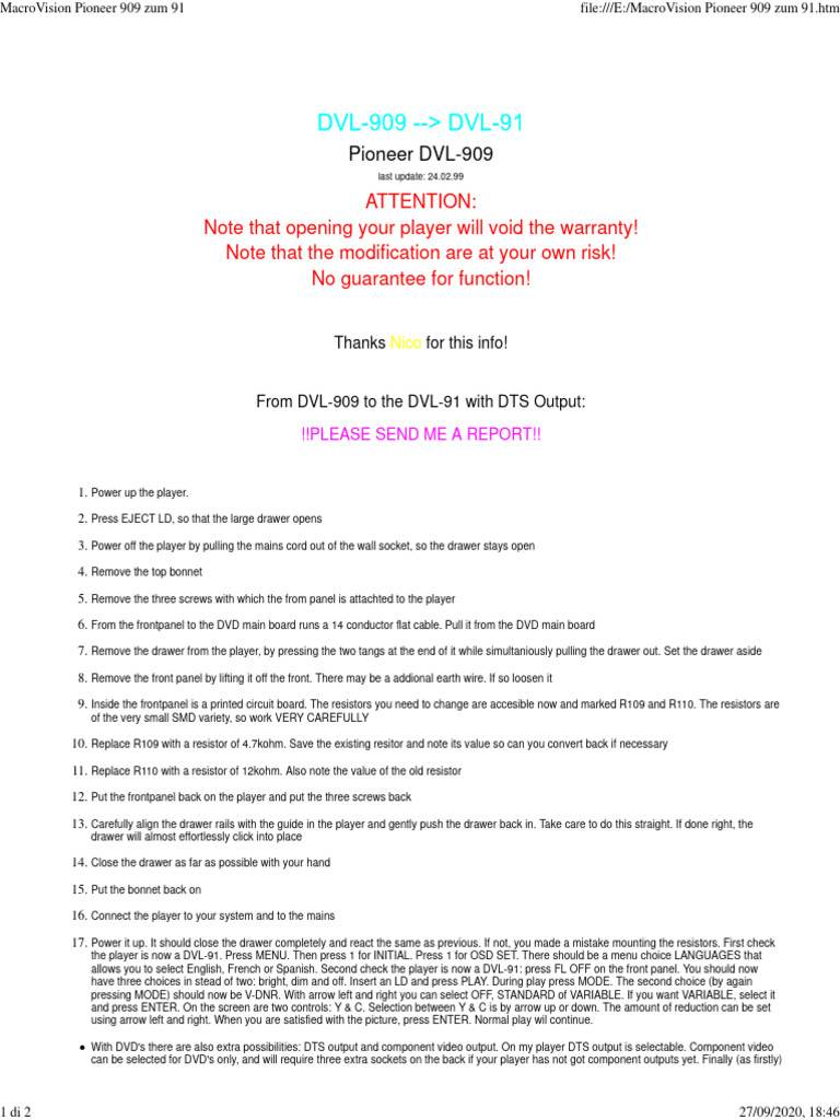 DVL-909 to DVL-91 Modification Guide | PDF | Media Formats ...