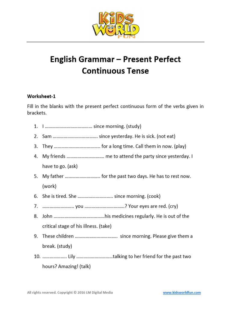 Present Perfect Continuous Tense Worksheets | Download Free PDF ...