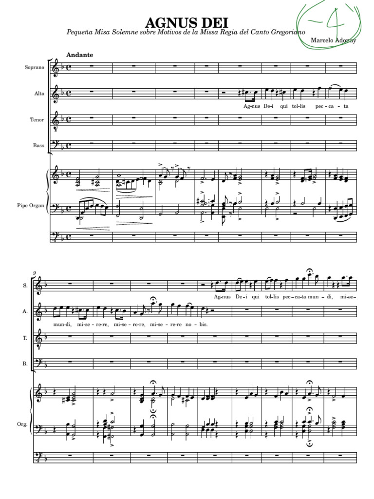 Agnus Dei Marcelo Adonay Small Orchestra TRANSPOSED Voiceorgan | PDF