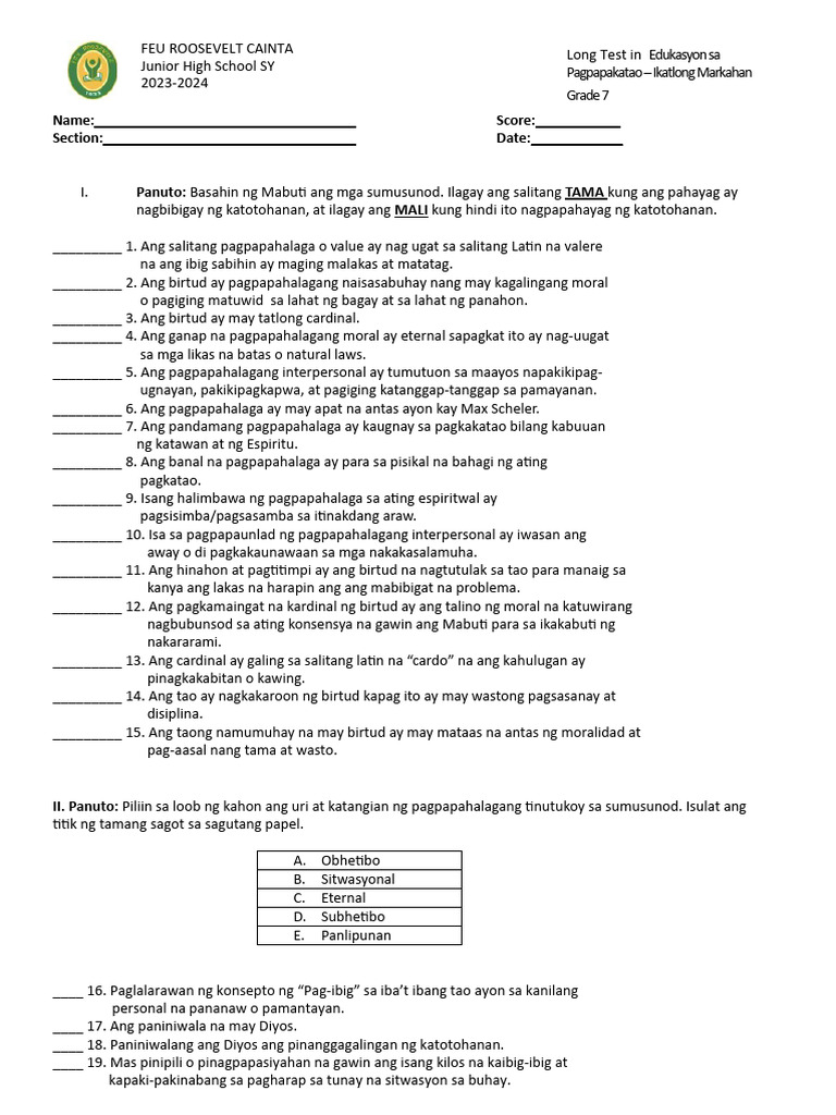LONG TEST in ESP 7 3rd Quarter | PDF