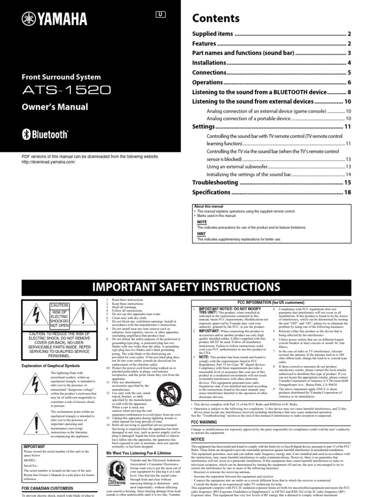 Barra Yamaha ATS1520 PDF Cable Television Remote Control