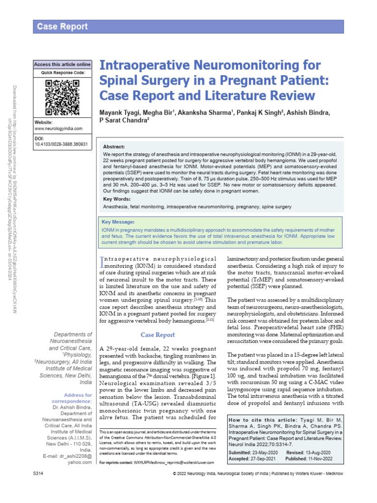 Intraoperative Neuromonitoring in Pregnant Spinal Surgery | PDF ...