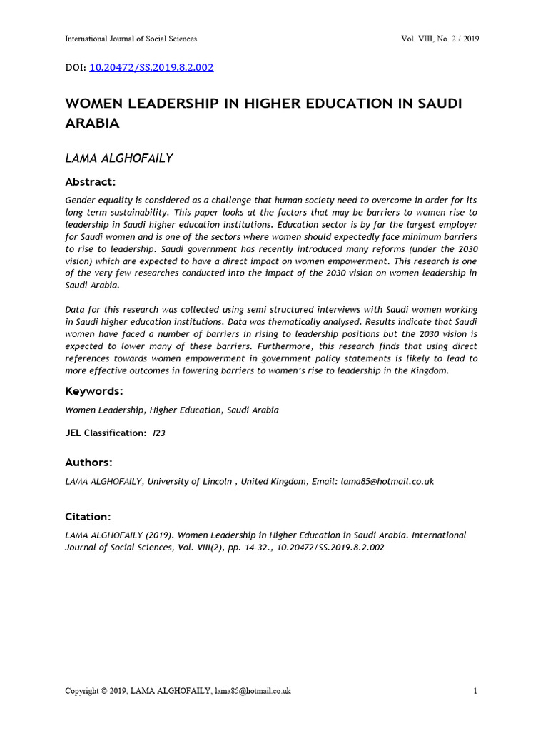 Women Leadership in Higher Education in Saudi Arabia: Lama Alghofaily ...