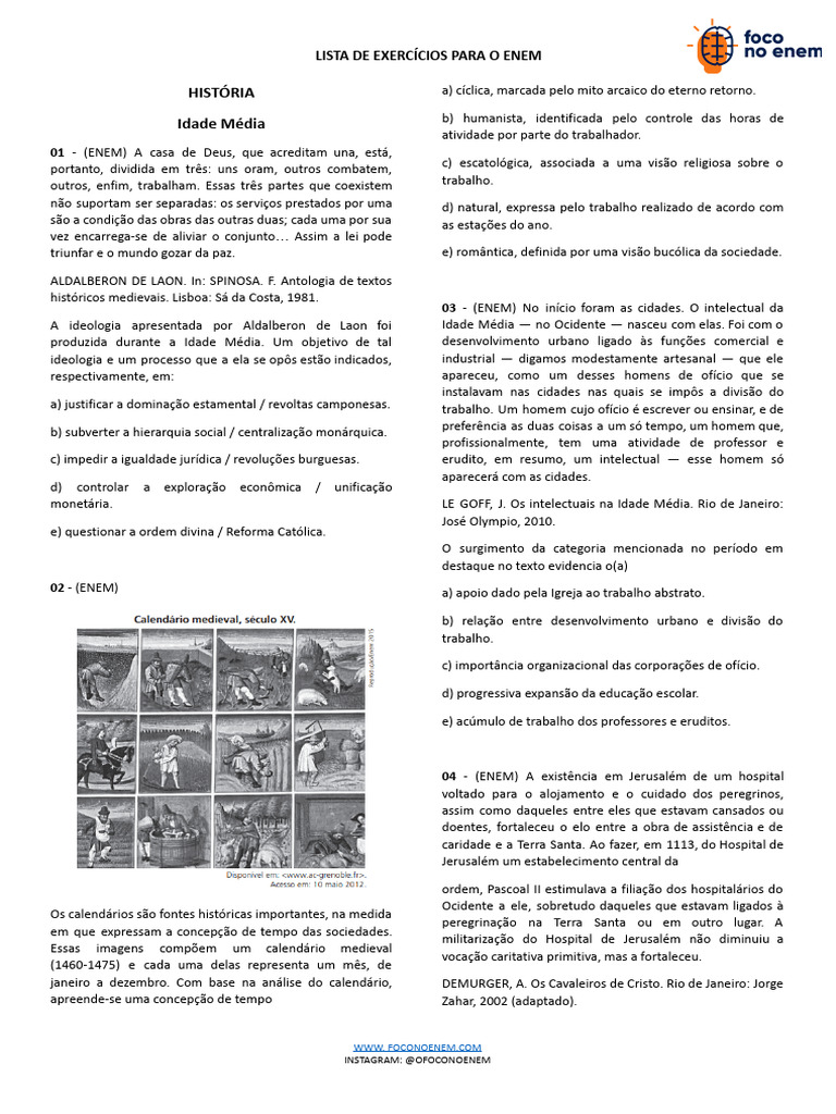 Exercícios sobre Idade Média para ENEM | PDF | Idade Média | Burguesia