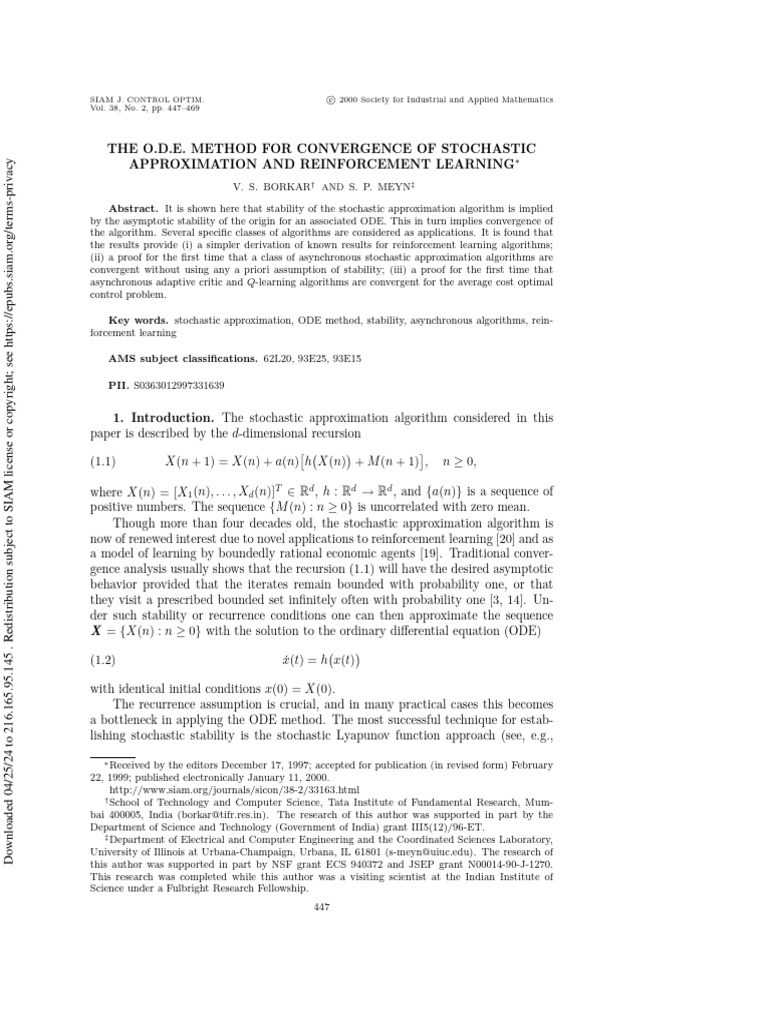 The O.D.E. Method For Convergence of Stochastic Approximation and ...