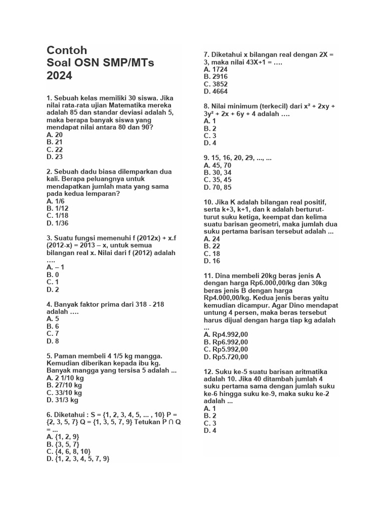 Soal Matematika OSN SMP/MTs 2024 | PDF