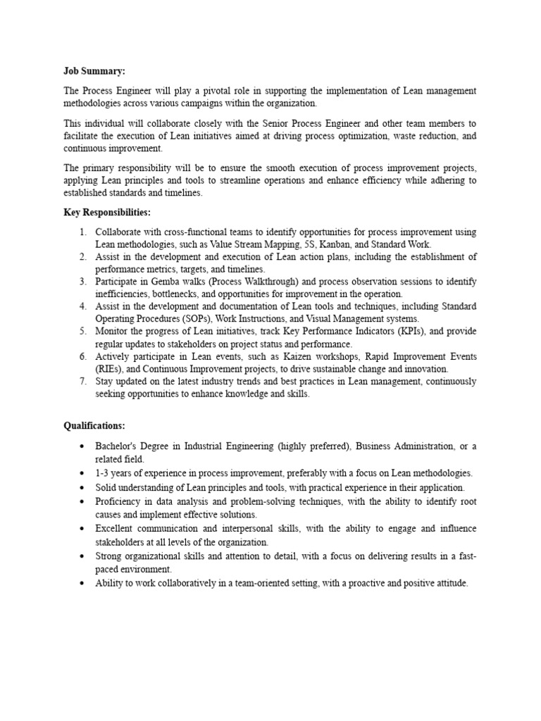 Job Description Process Engineer Download Free PDF Lean