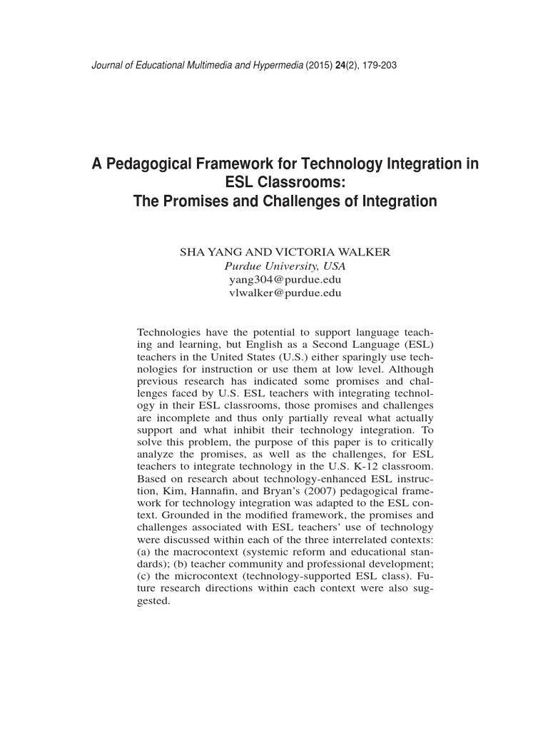 2015 Yang Walker - A Pedagogical Framework For Technology Integration ...