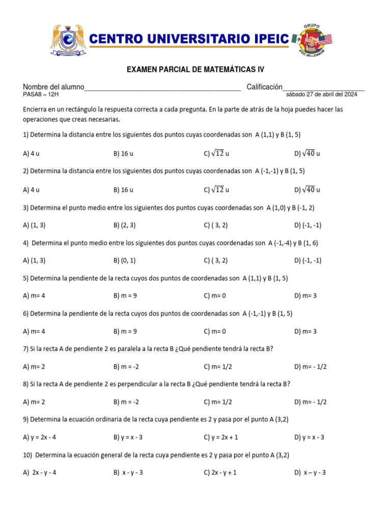 EXAMEN FINAL MAT IV Sábado | PDF | Pendiente | Línea (geometría)