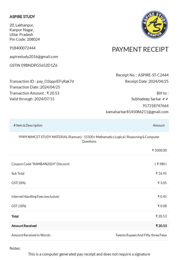 NIMCET Study Material Payment Receipt | PDF