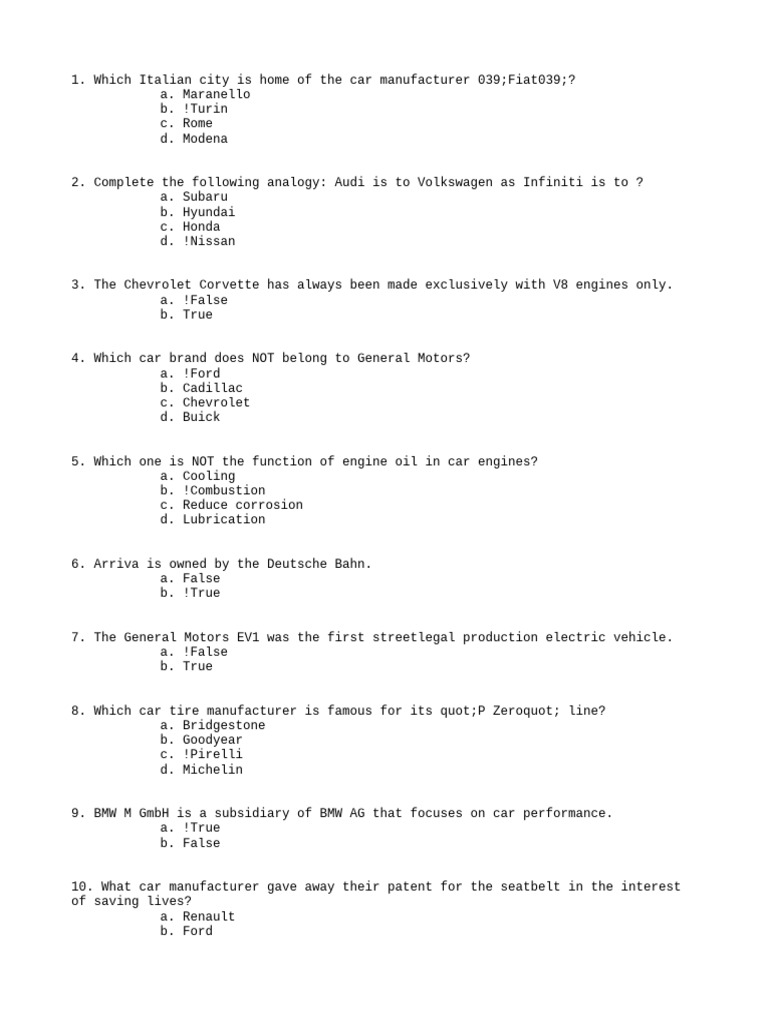 Car Knowledge Quiz Questions and Answers | PDF | Hybrid Electric ...