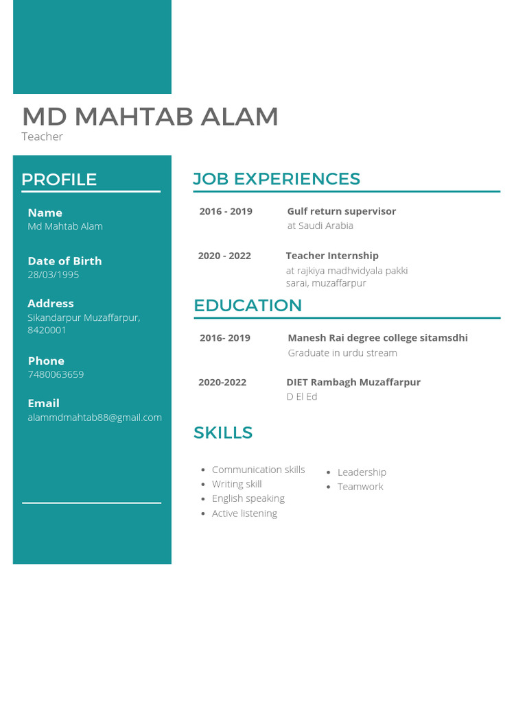 Md Mahtab Alam - Teacher Profile | PDF