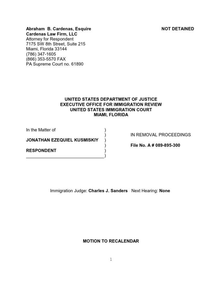 Motion to Re Calendar Removal Proceedings United States Law