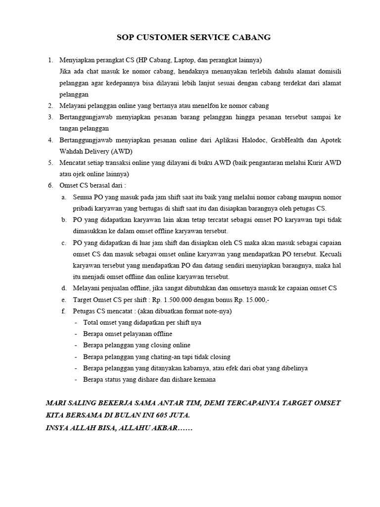 SOP Layanan Pelanggan Cabang | PDF