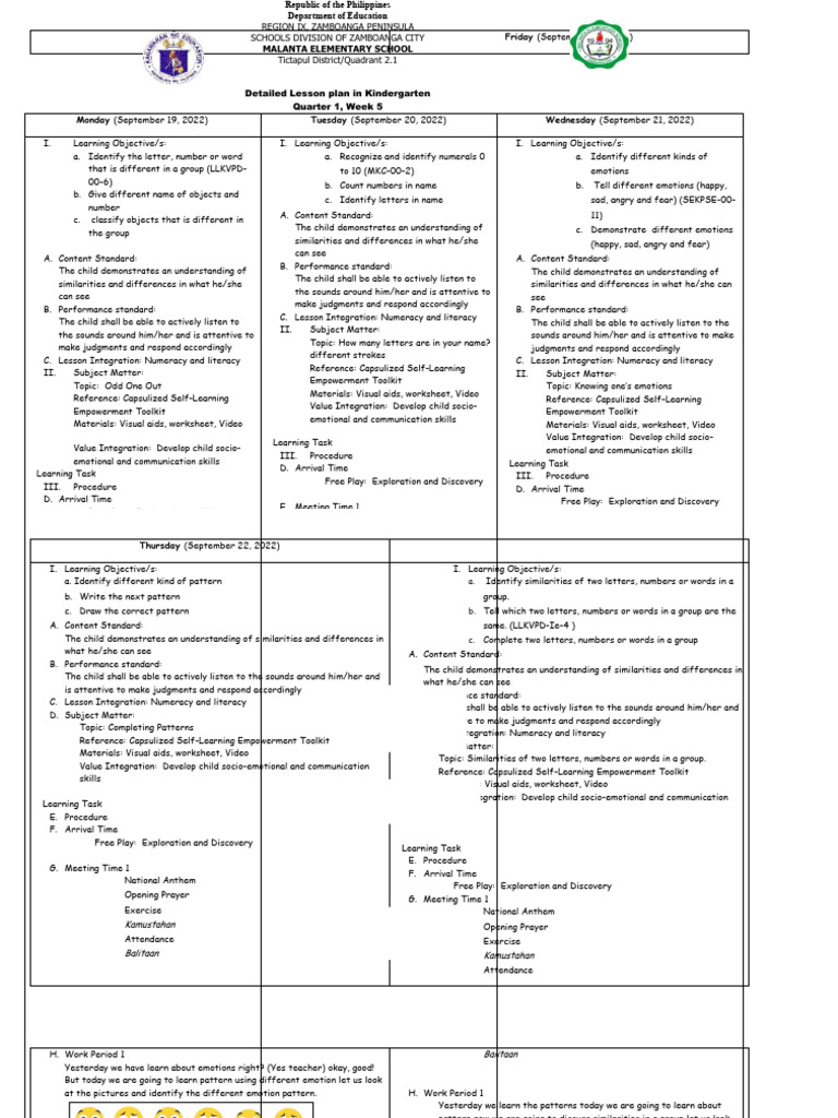 Kindergarten Lesson Plan: Week 5 Activities | PDF | Learning | Literacy