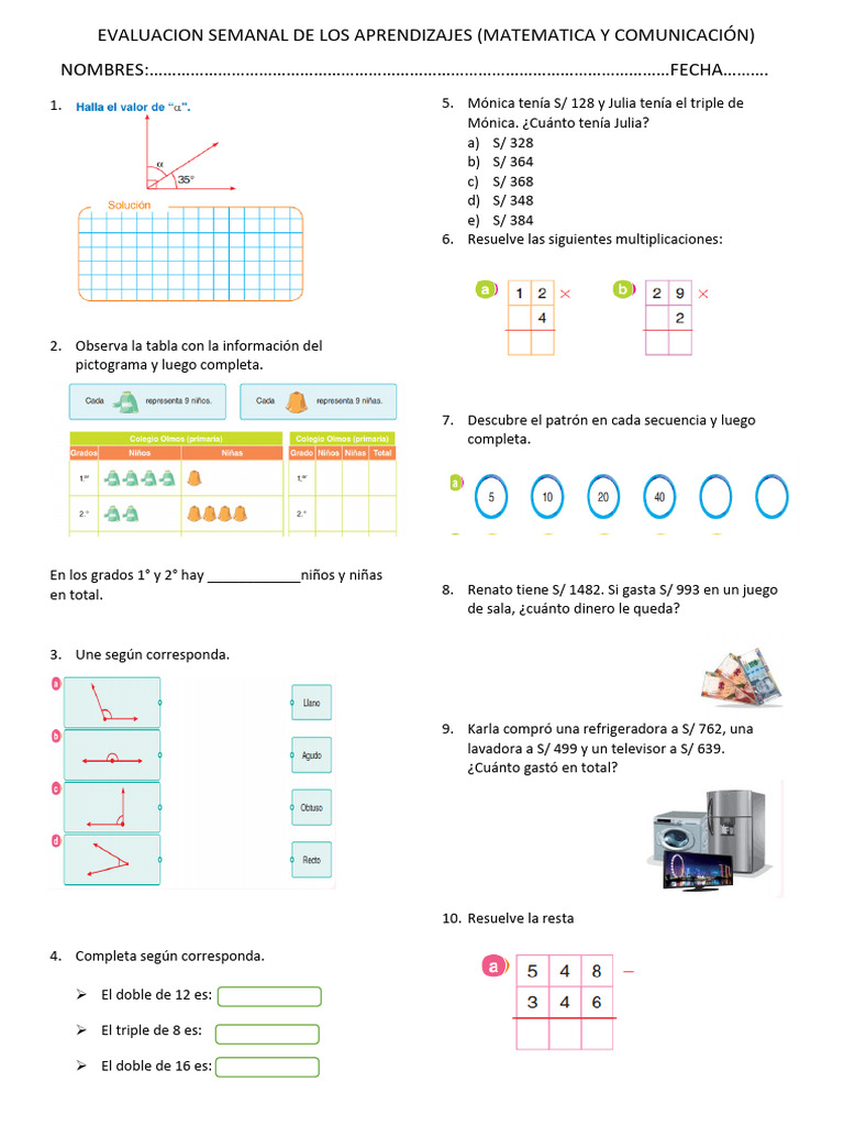 Evaluación Semanal de Matemáticas y Comunicación | PDF