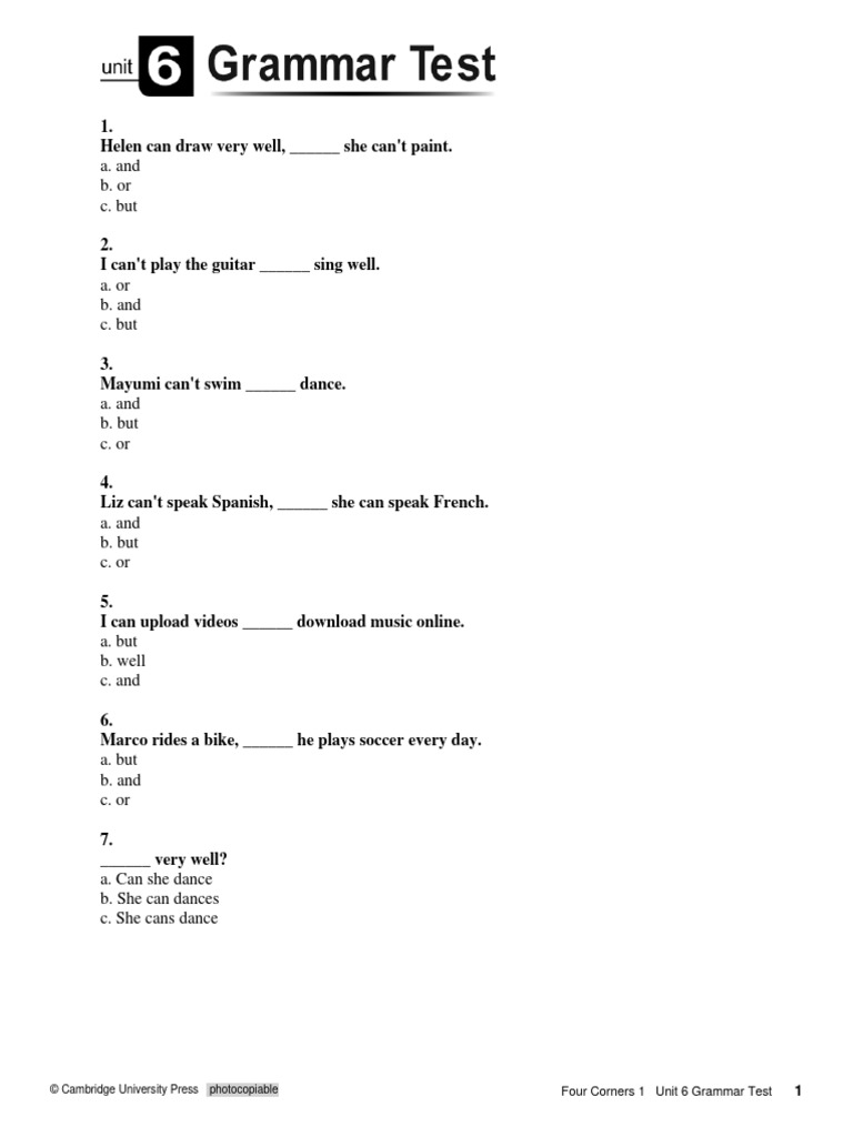 Four Corners 1 Unit 6 Grammar Test | PDF