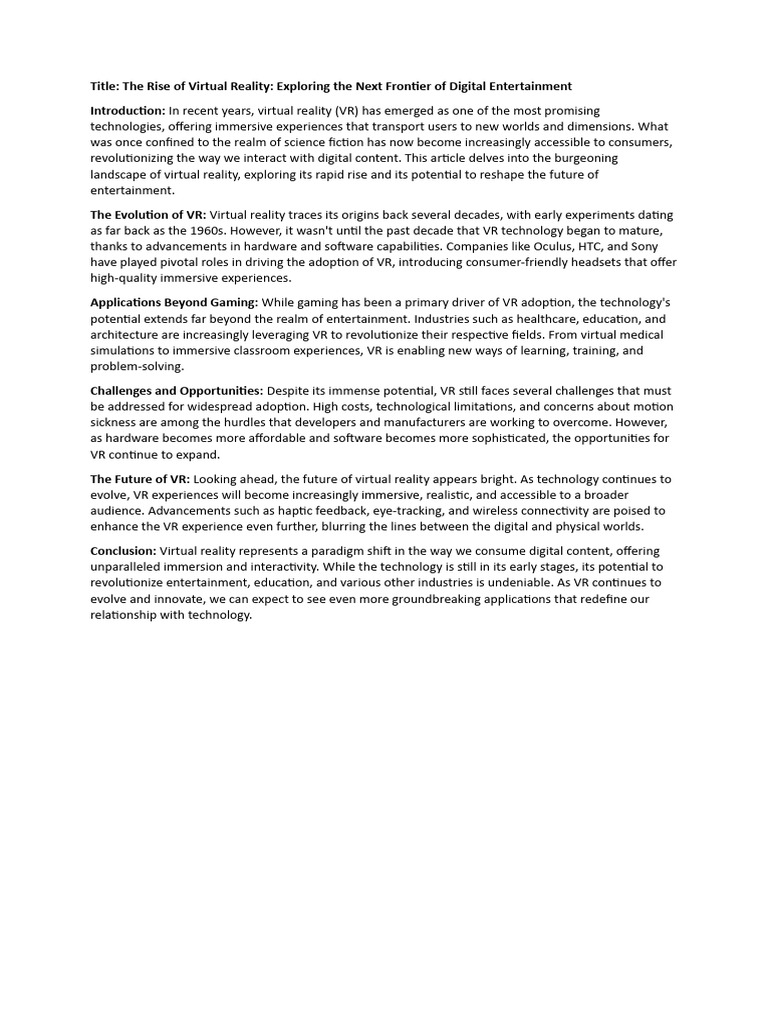 Virtual Reality: The Future of Entertainment | PDF | Virtual Reality ...