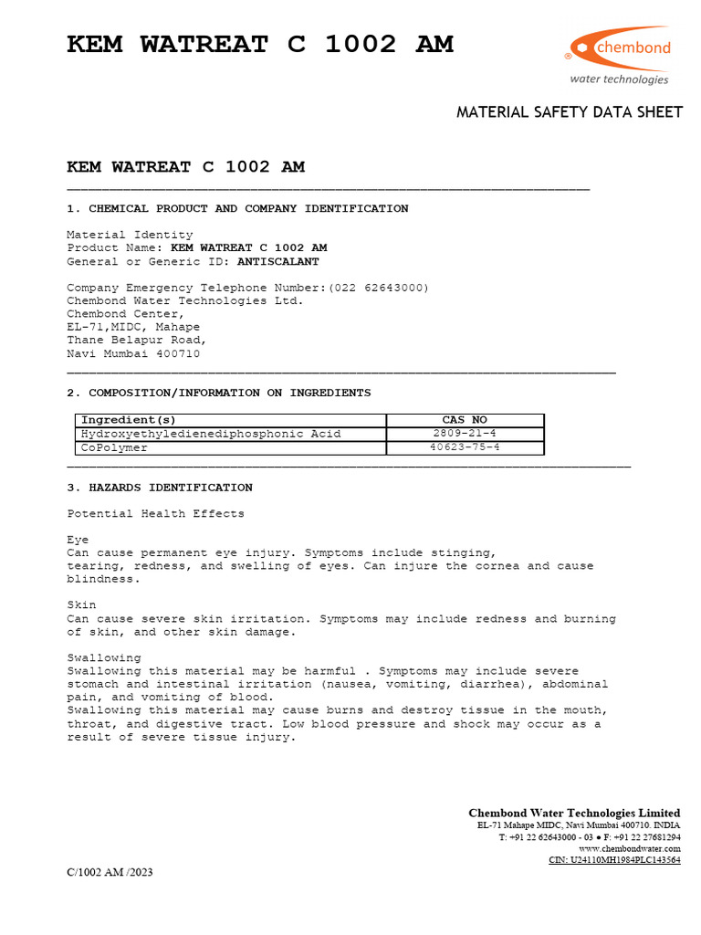 Kem Watreat C 1002 Am MSDS | PDF | Firefighting | Breathing