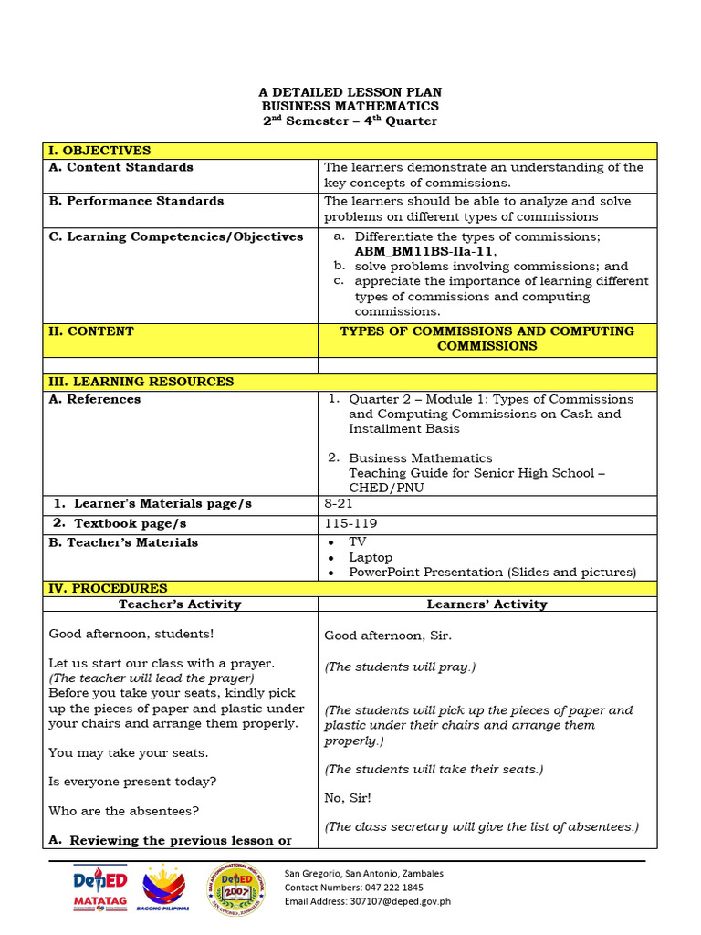 Business Mathematics Lesson Plan: Commissions | PDF | Salary | Employment