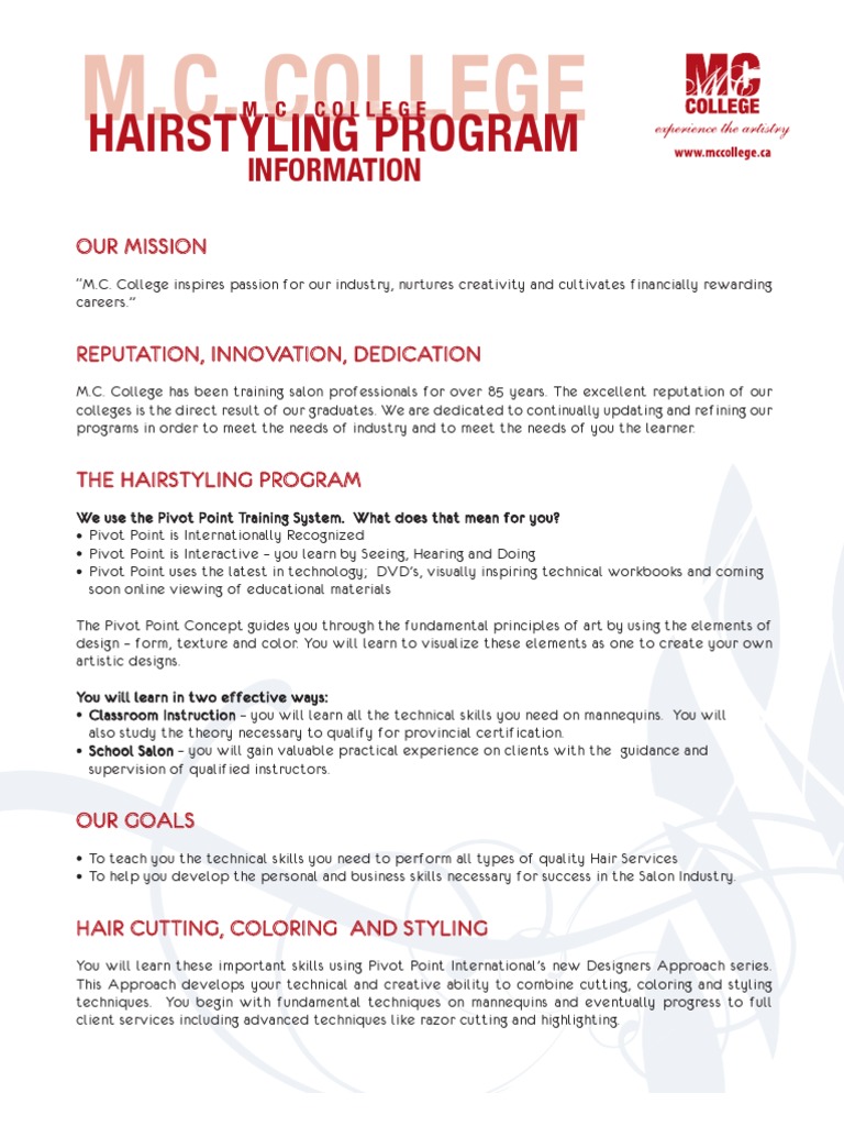 M.C. College Hairstyling Program Guide | PDF | Art