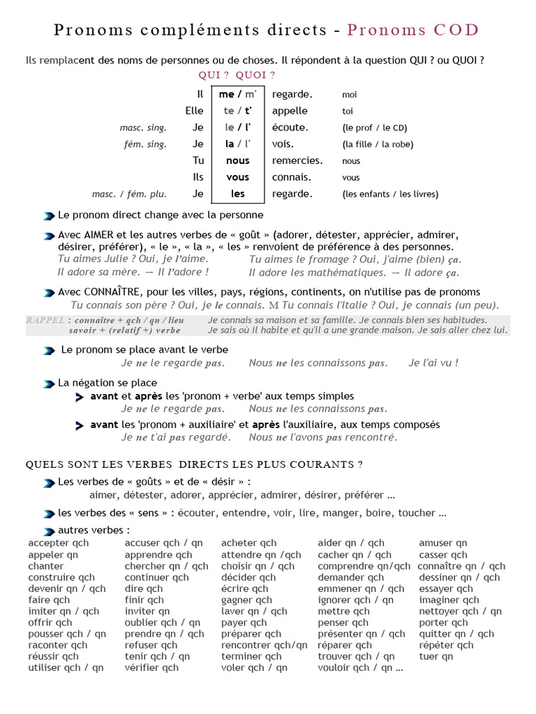 Pronoms COD et COI en français | PDF | Verbe | Pronom