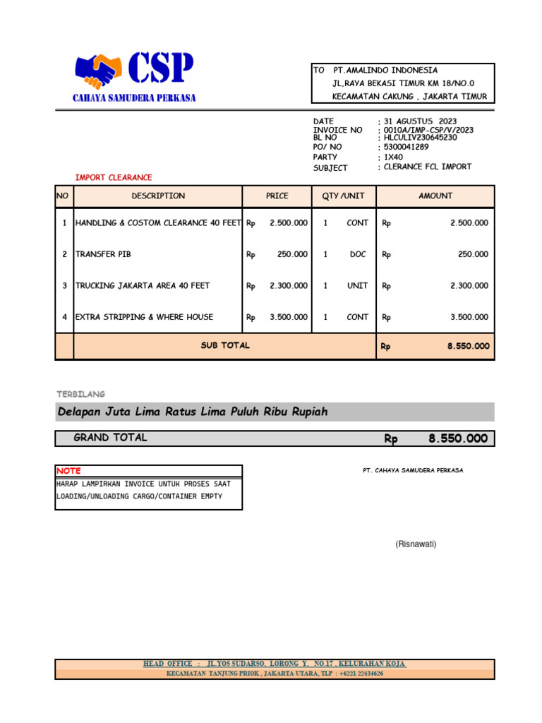 Invoice Clearance FCL Import 2023 | PDF