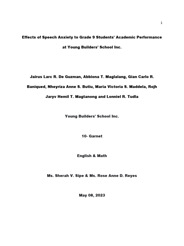 Speech Anxiety's Impact on Grade 9 Students | PDF | Anxiety | Public ...