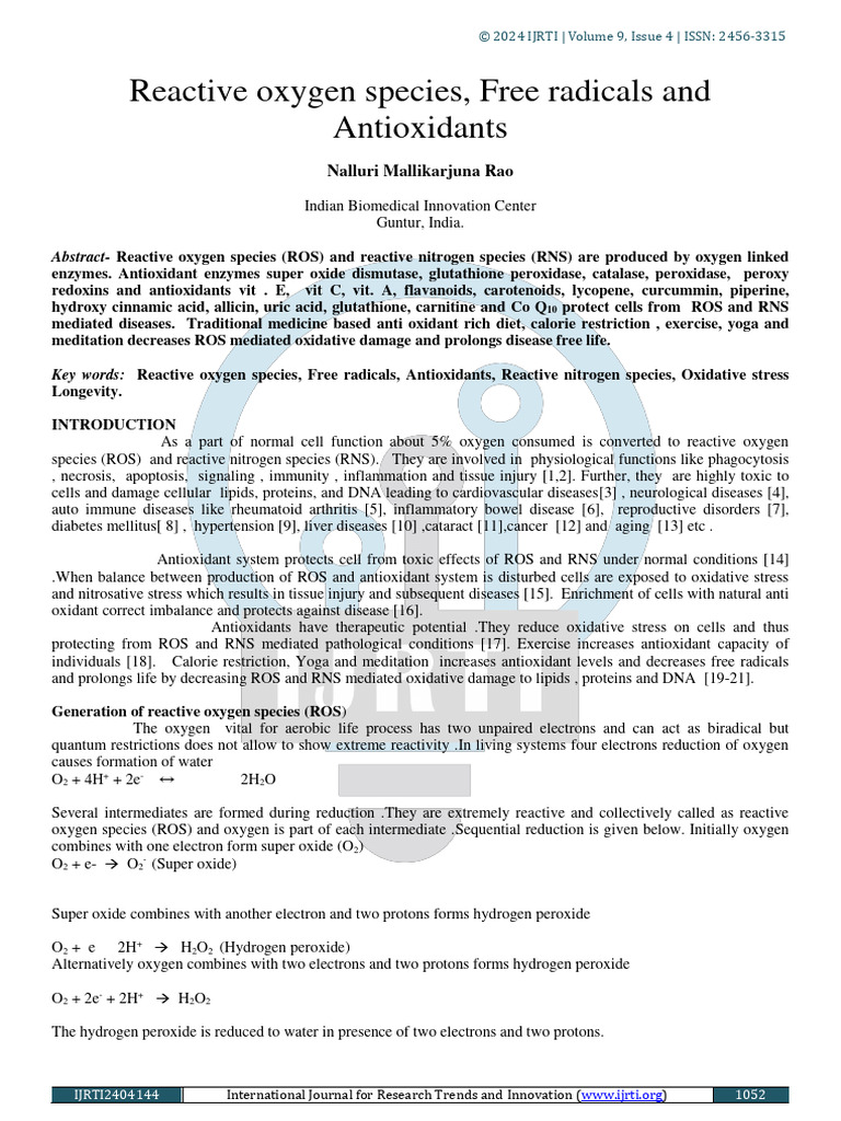 Reactive Oxygen Species Free Radicals and Antioxidants PDF
