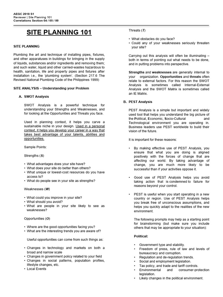 ALE Review Notes - Site Planning 101 | PDF | Swot Analysis | Labour ...