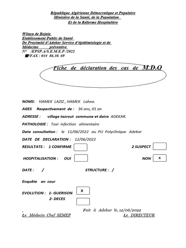 Déclarations de cas M.D.O à Adekar | PDF