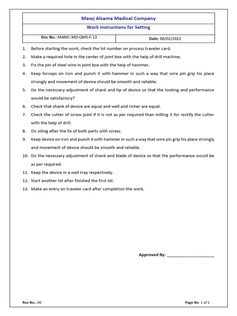 Written Work Instructions