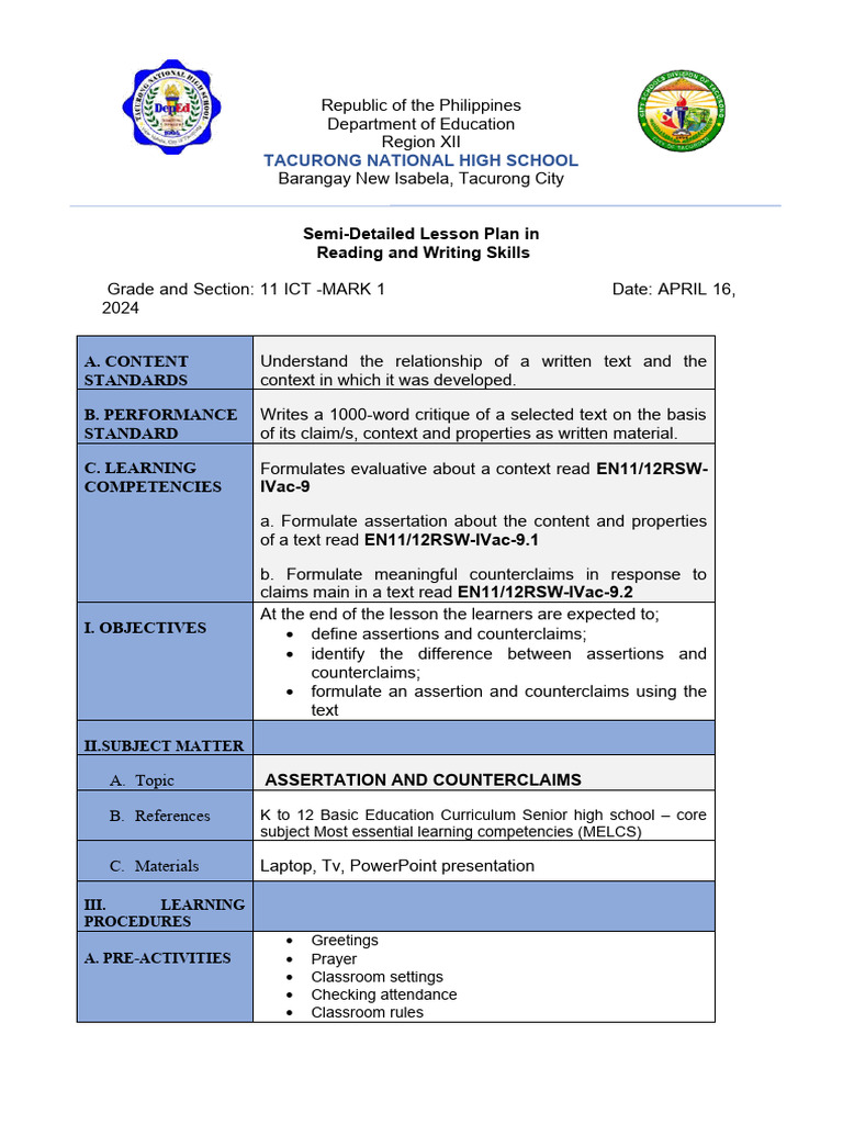 Lesson Plan on Assertions and Counterclaims | PDF | Social Media ...