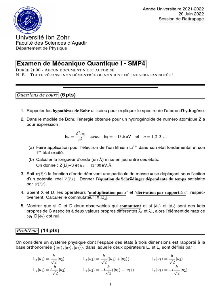 Examen de Mécanique Quantique I | PDF | Atomes | Physique