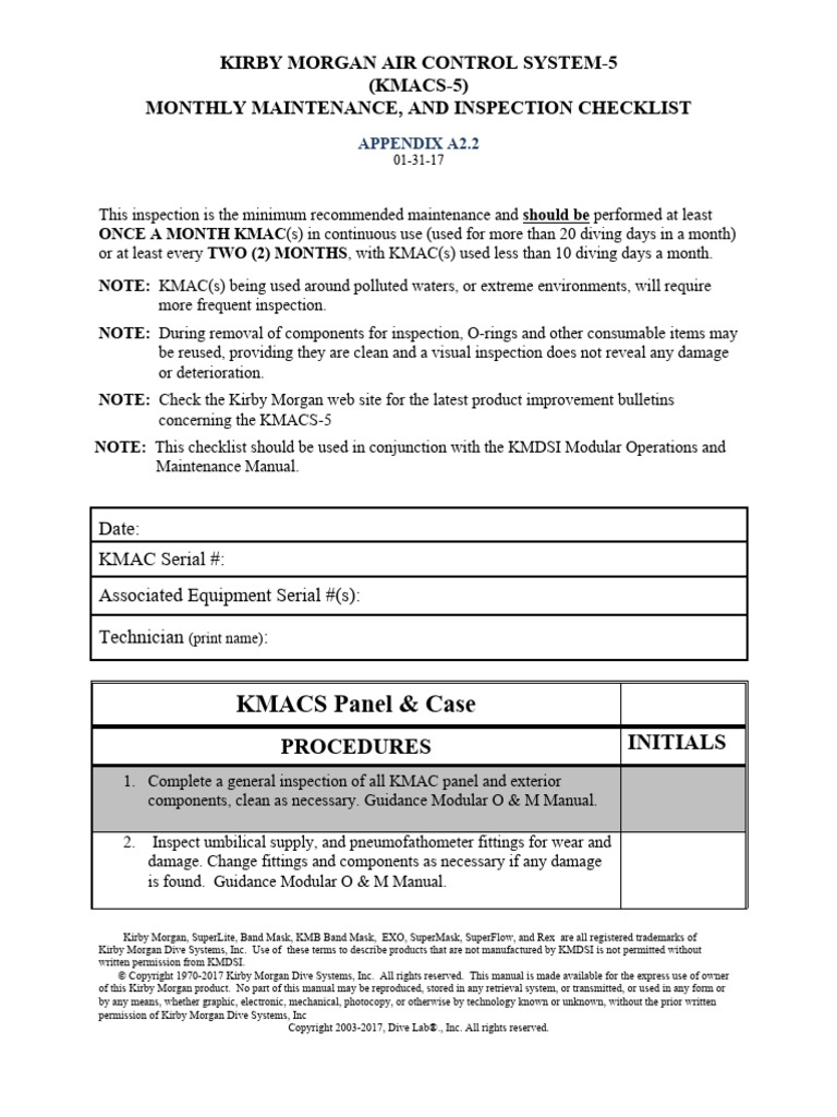 KMACS 5 Monthly Inspection A2!2!31 Jan 2017 | PDF | Occupational Safety ...