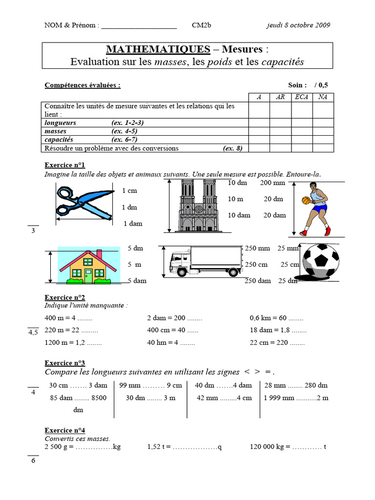 Évaluation Maths CM2 : Mesures et Conversions | PDF | Méthodes et ...