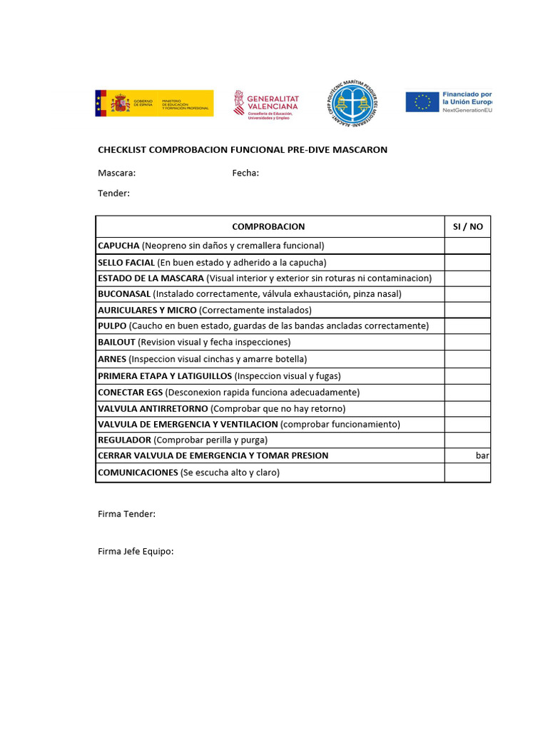 Checklist Funcional Pre-Dive Máscara | PDF