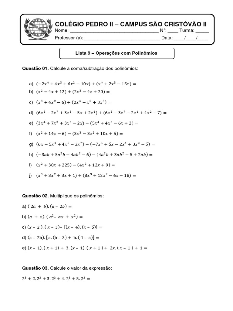 Lista 09 Operações Com Polinômios | Download grátis PDF | Matemática ...