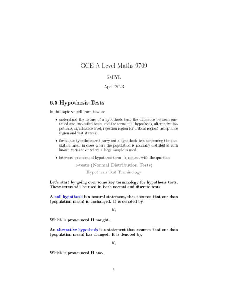 A Level Maths: Hypothesis Testing Guide | PDF | Statistical Hypothesis ...