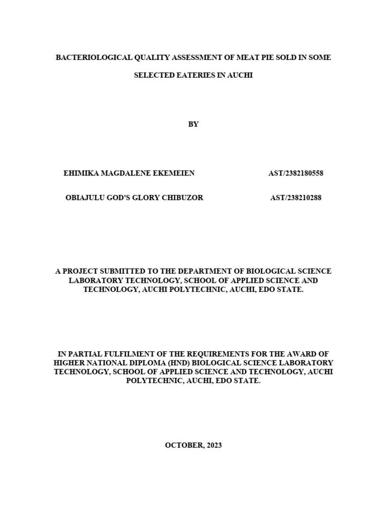 BACTERIOLOGICAL QUALITY ASSESSMENT OF MEAT PIE preliminaries pages