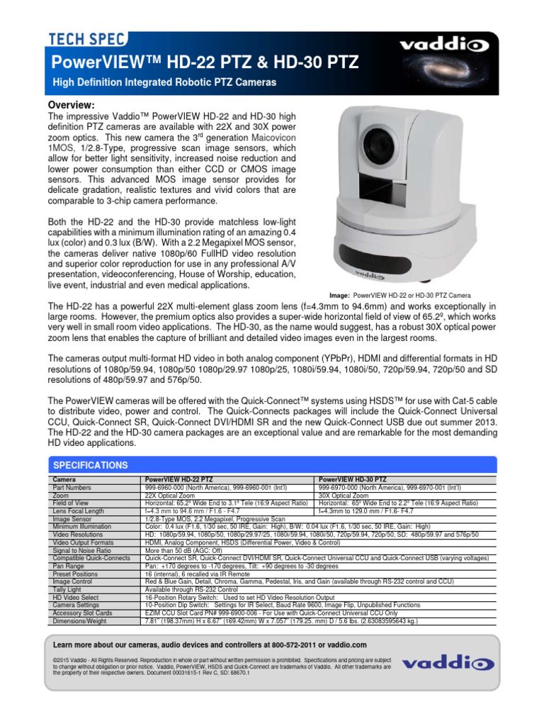 Powerview HD 22 and HD 30 Tech Spec Rev C | PDF | Digital Camera | Video