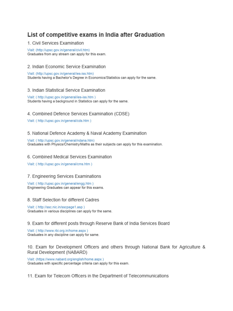 List of Competitive Exams in India After Graduation | PDF | Academic ...