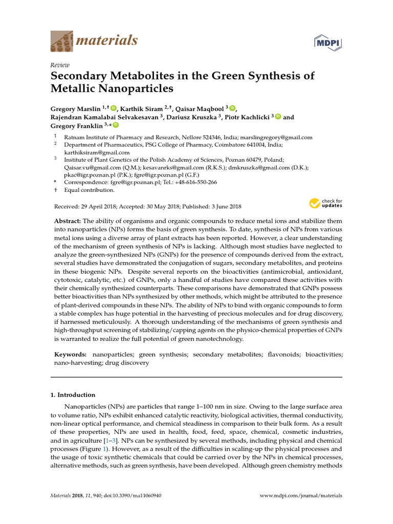 Green Synthesis of Metallic Nanoparticles | PDF | Proteins | Amino Acid