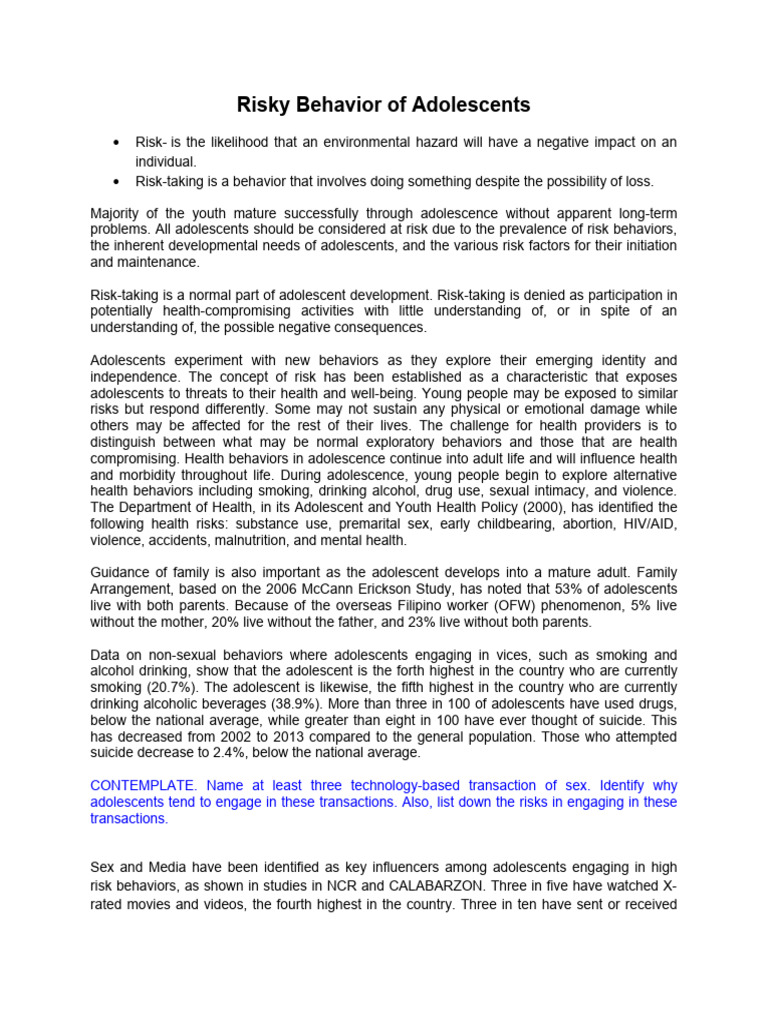 Adolescent Risk Behaviors and Health Risks | PDF | Adolescence ...