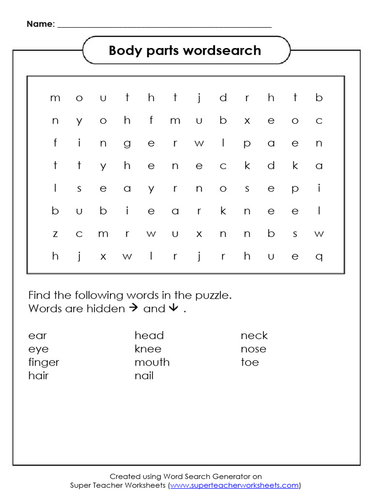 Body Parts Word Search | PDF | Word Search | Linguistics
