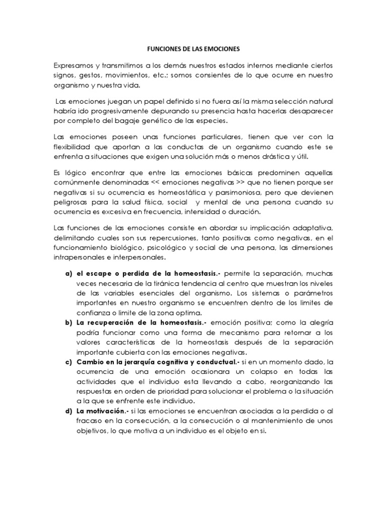 Funciones y Proceso de las Emociones | PDF | Las emociones | Homeostasis