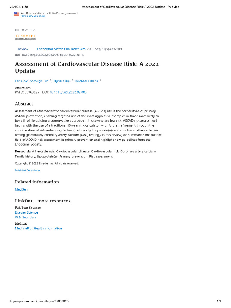 Assessment of Cardiovascular Disease Risk - A 2022 Update - PubMed ...