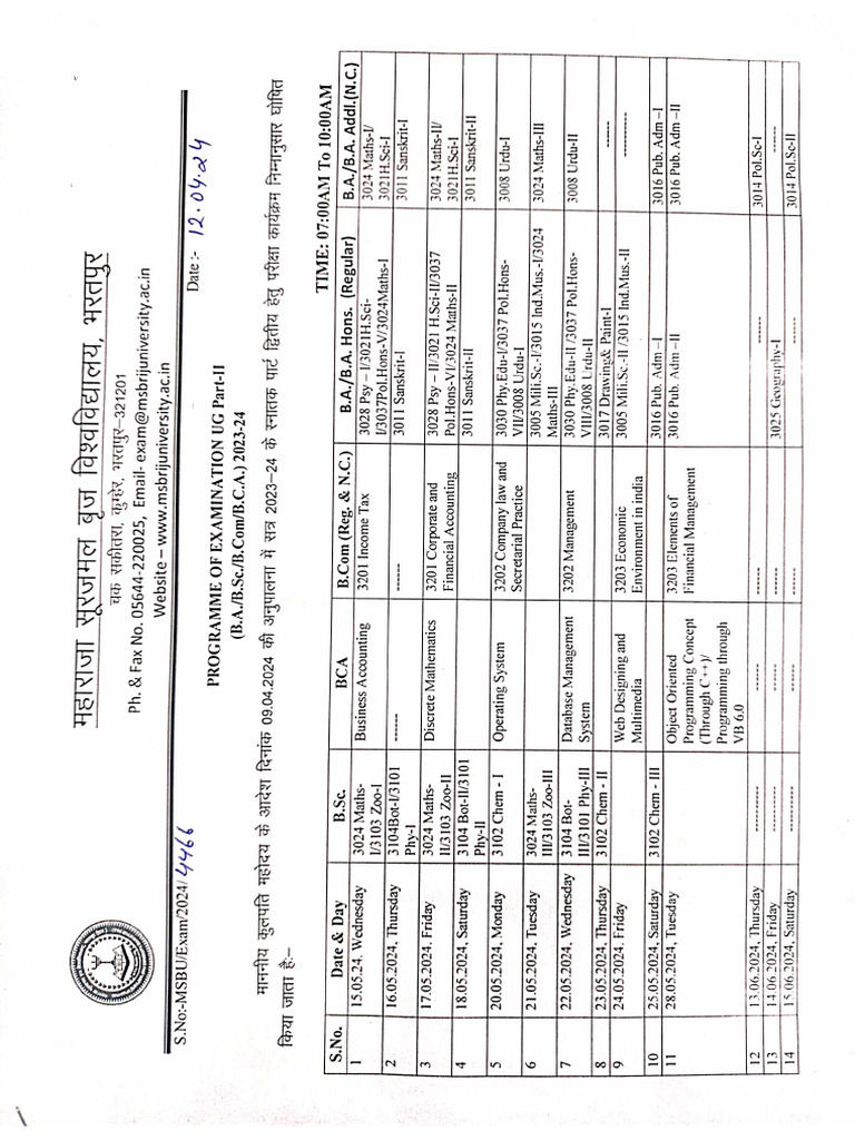 Time Table UG Part II Exam 2024 | PDF